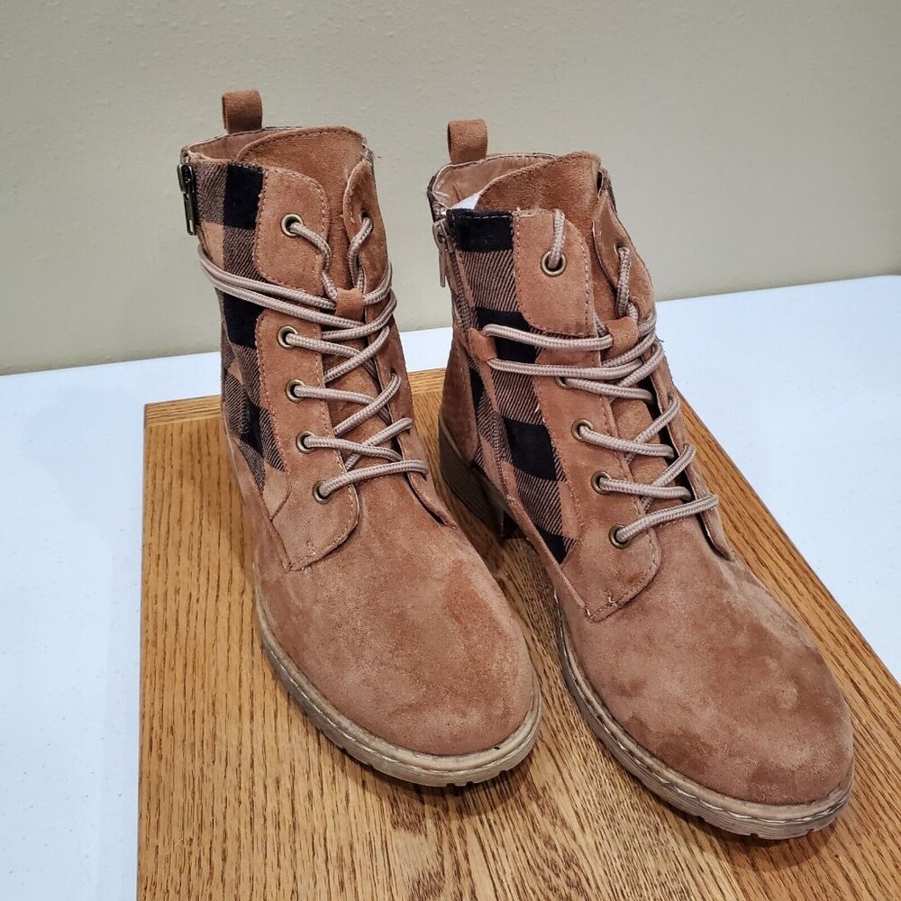 Very G Donny Booties Women Size 9.5 Brown Tan Plaid Suede Zip and Lace Up - Picture 1 of 8